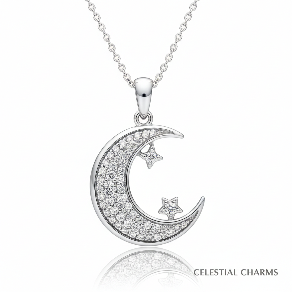 Sterling silver crescent moon pendant necklace with cubic zirconia stars