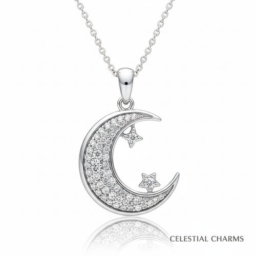 Sterling silver crescent moon pendant necklace with cubic zirconia stars