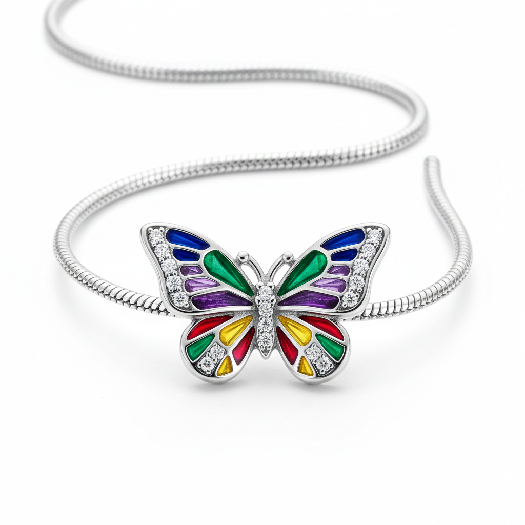 Sterling silver butterfly pendant necklace with colorful enamel wings