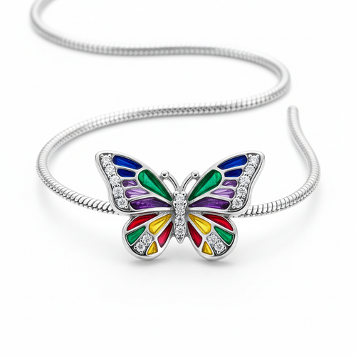 Sterling silver butterfly pendant necklace with colorful enamel wings