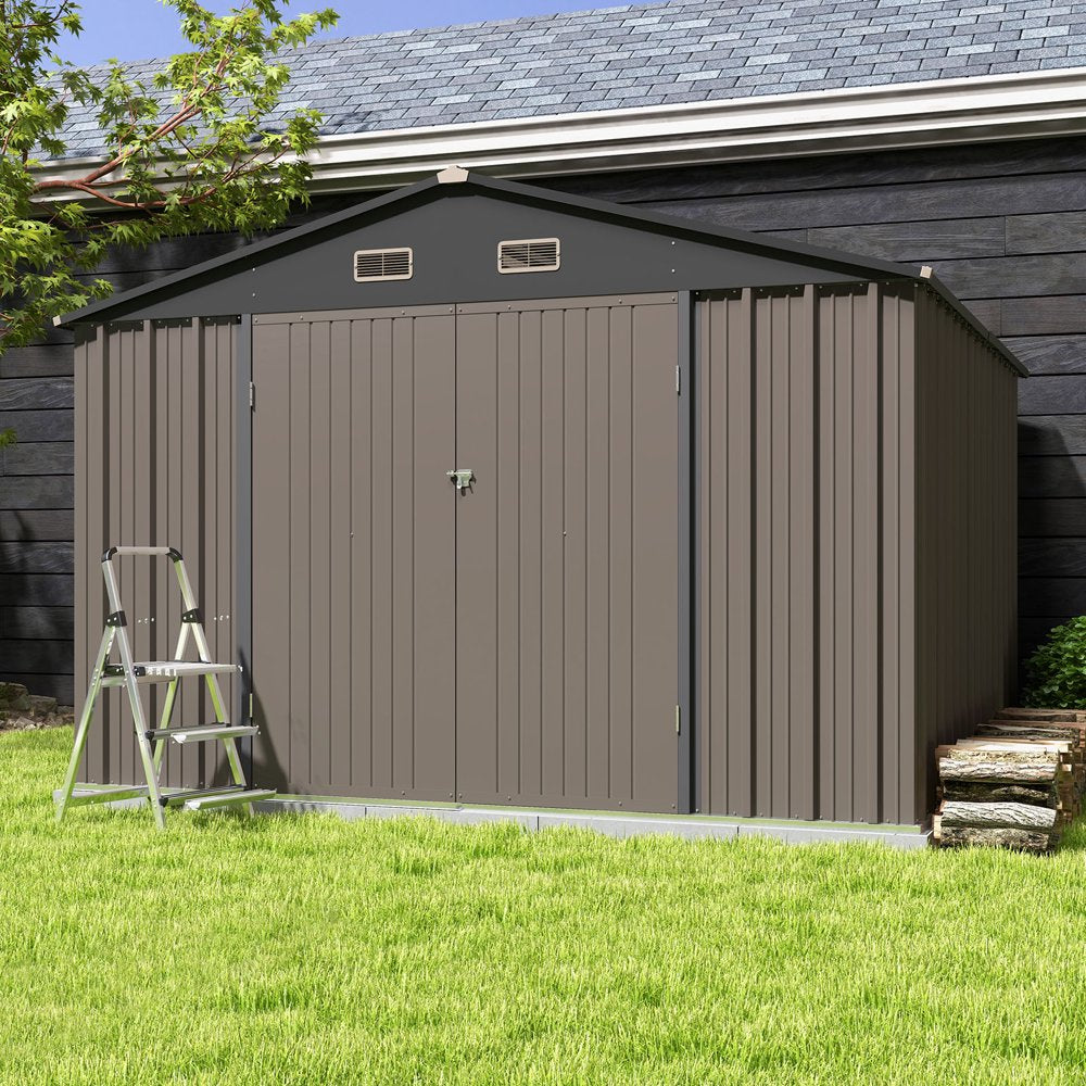 patiowell-10x10-ft-metal-outdoor-storage-shed-sloping-roof-lockable-doors-coffee-brown-1324