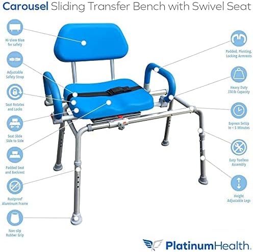 platinum-health-carousel-sliding-shower-chair-transfer-bench-swivel-seat-padded-adjustable-blue-aluminum-300-lb-capacity-9333