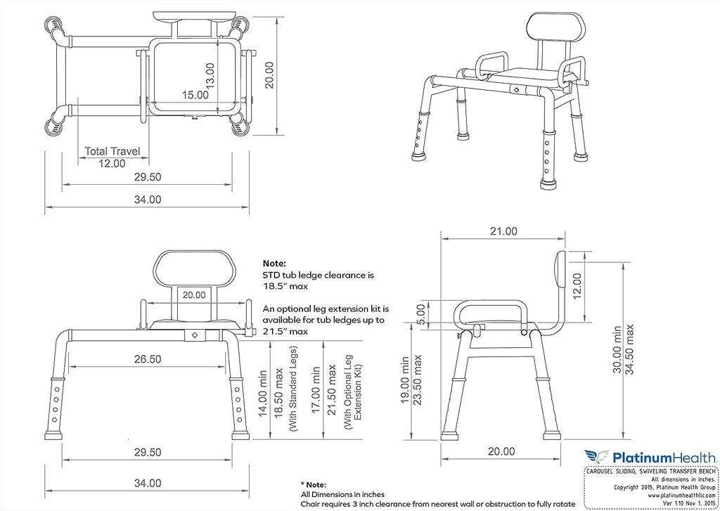 platinum-health-carousel-sliding-shower-chair-transfer-bench-swivel-seat-padded-adjustable-blue-aluminum-300-lb-capacity-9333