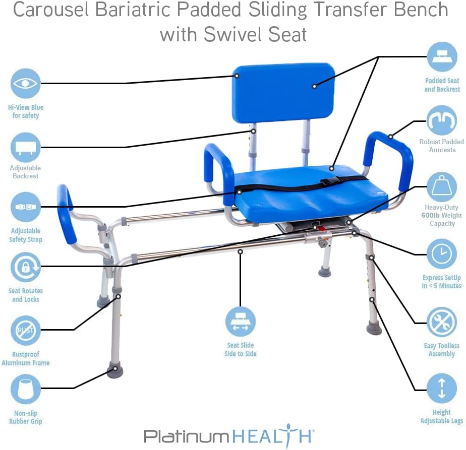 platinum-health-carousel-sliding-shower-chair-transfer-bench-swivel-seat-padded-adjustable-blue-aluminum-300-lb-capacity-9333