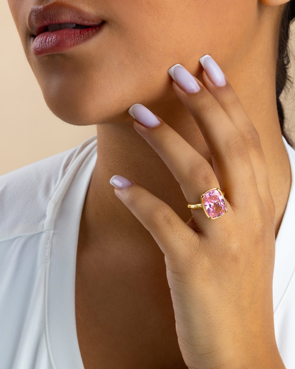 Elongated Cushion Pink Sapphire CZ Cocktail Ring - view 2