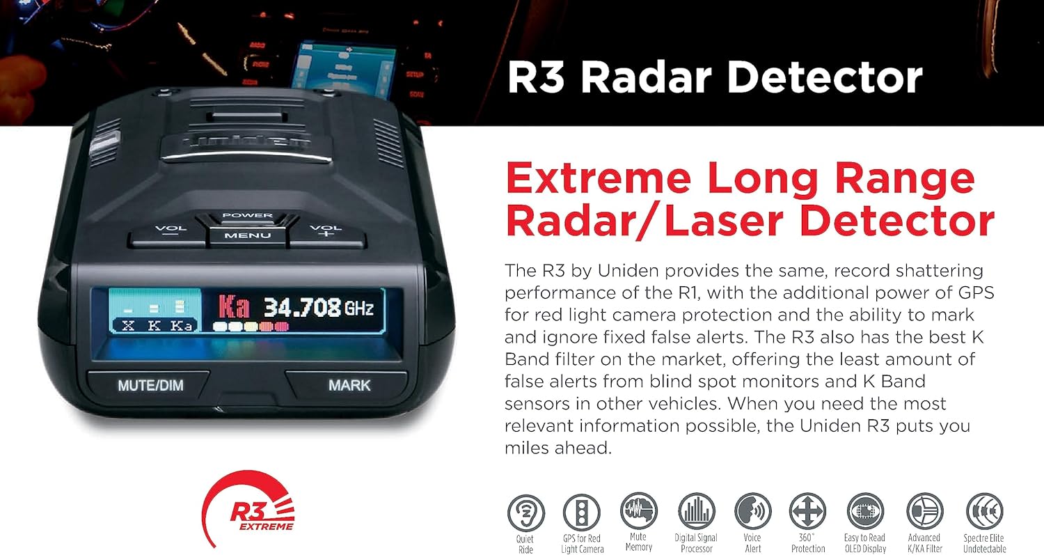 uniden-r3-extreme-long-range-radar-detector-with-gps-voice-alerts-red-light-speed-camera-notifications-multi-color-oled-display-7395