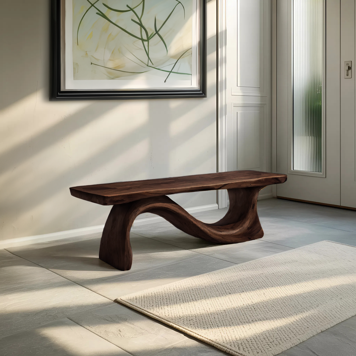 Contemporary Organic Sculpted Live Edge Bench For Living Room